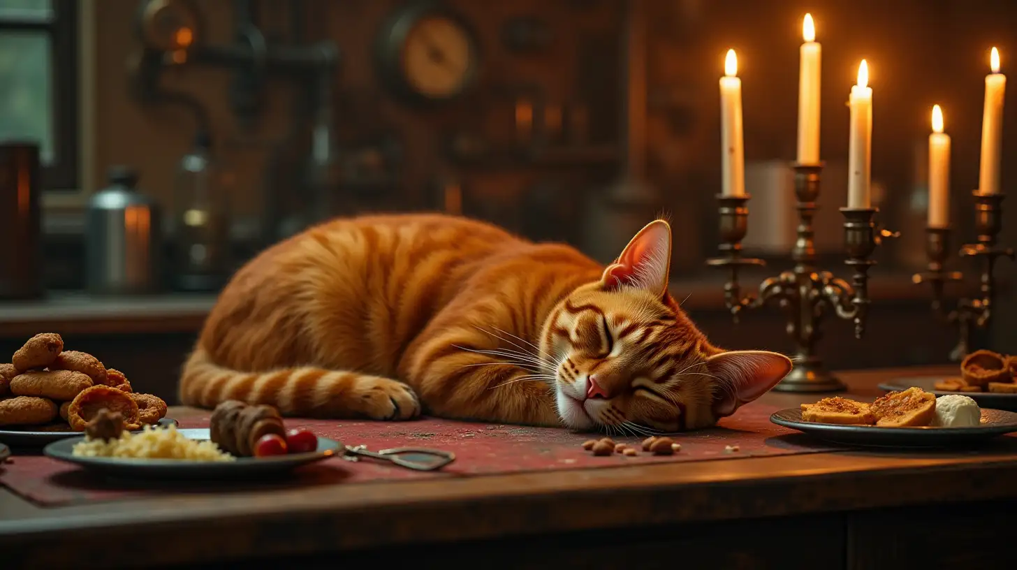 a great intensely red cat sleeps on the table in a steampunk kitchen, the kitchen is illuminated by means of candles, some plates with various kinds of food on the table, surrealistic and fantasy style