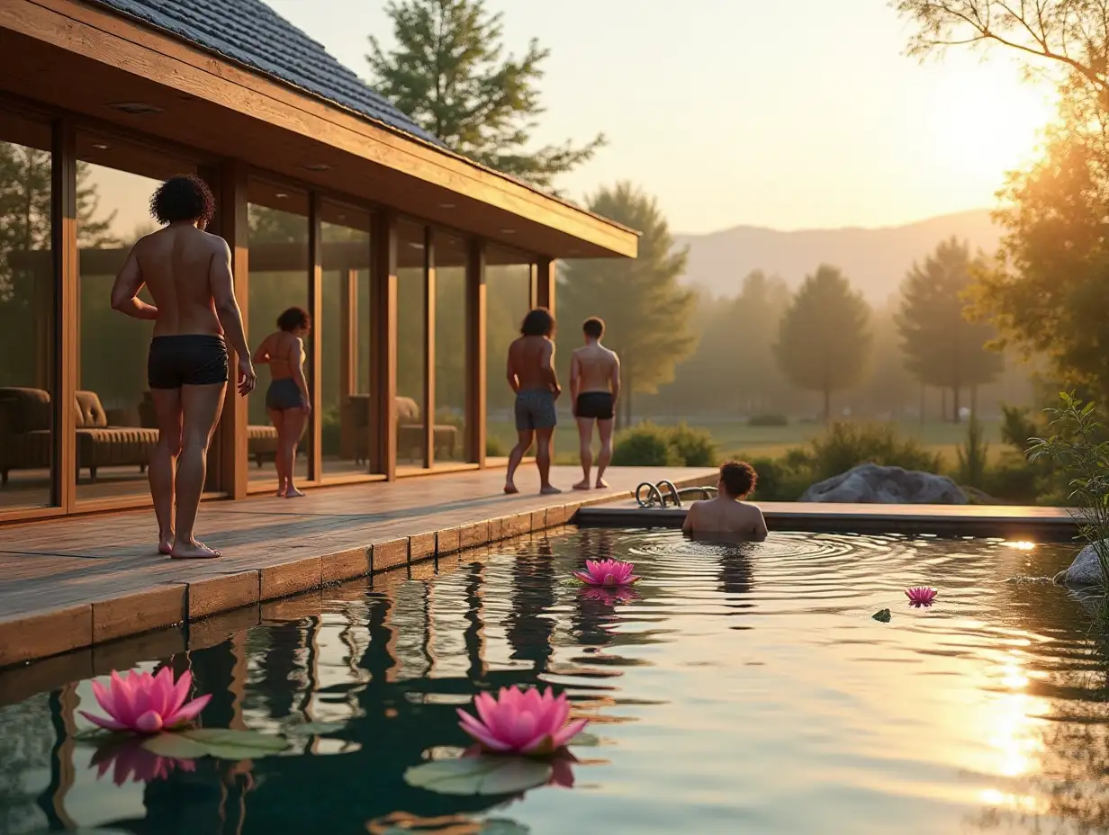 the sauna is in the strength of the chalet, all the walls of which are made of glass and these are panoramic windows from floor to roof, in front of the bathhouse there is a wooden terrace from which you can dive into a pond with crystal clear water with pink water lilies, people in swimming trunks are standing on the terrace and there is also a small font in which one of the people dips, everything else around the pond there is a minimalist landscape design, a sunset sunny day and a lot of sunset sunlight, the foreground is in focus and the background is blurred