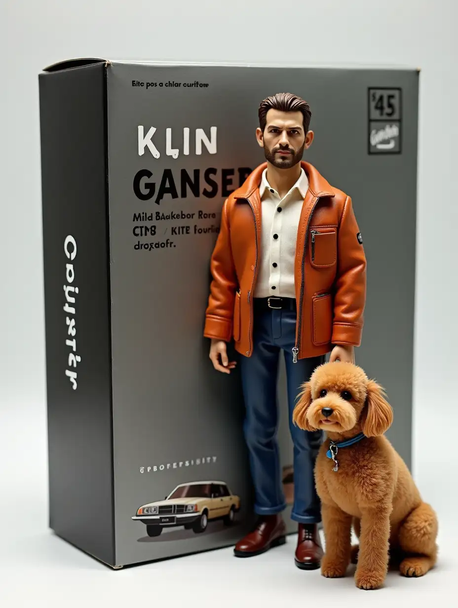 Create a posable action figure set based on the character in the photo, keeping their distinct features. The set includes one figure modeled after the photo’s character, along with[Mercedes 190E, brown toy poodle, iPhone 15]. The packaging box is titled [Klin ganster] in bold text