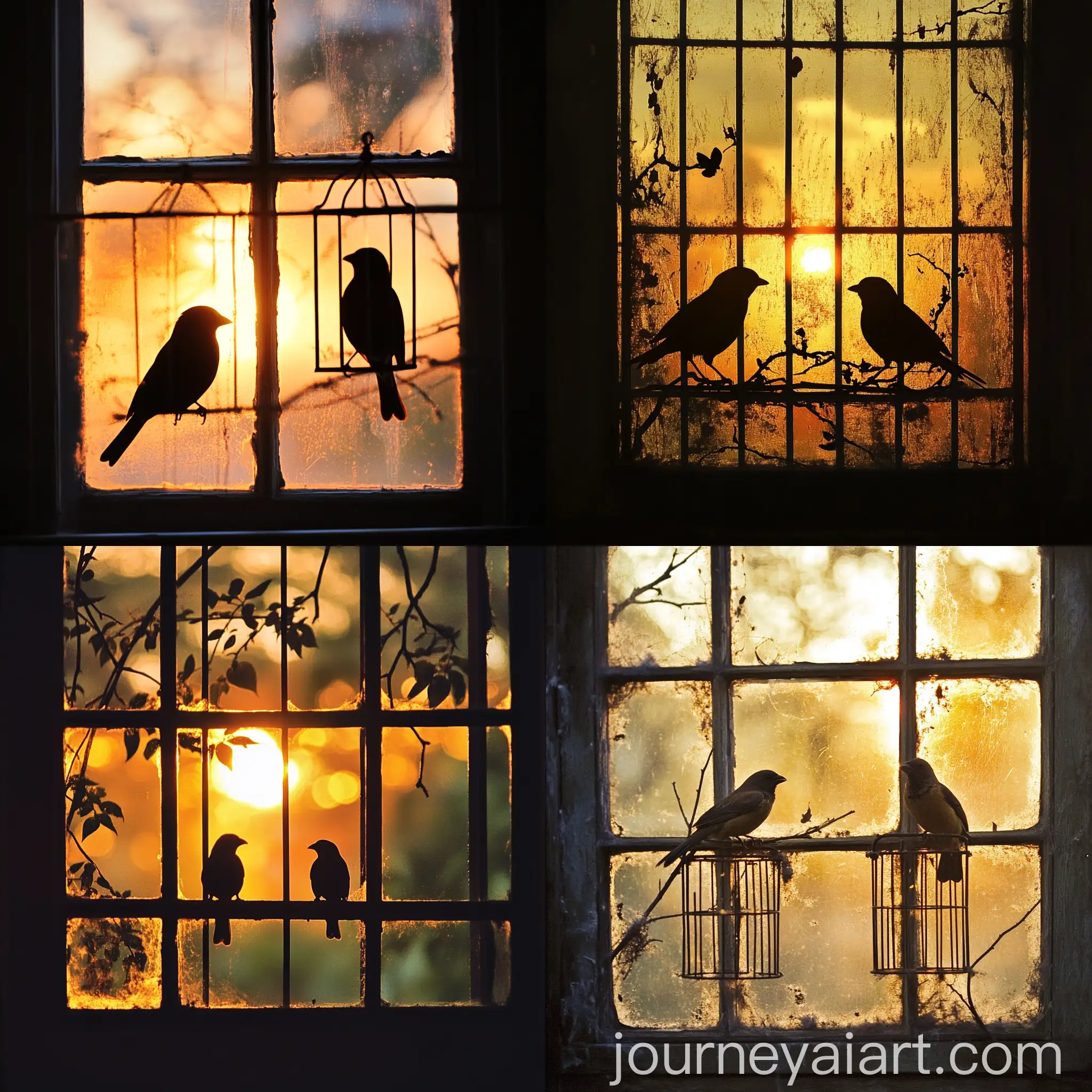 Two-Birds-in-Cage-at-Sunrise-Window