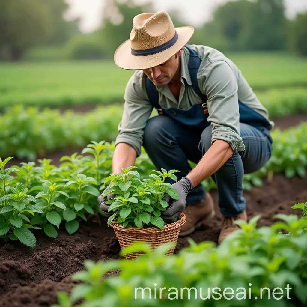 Farmer Harvesting Fresh Mint in Sunlit Field