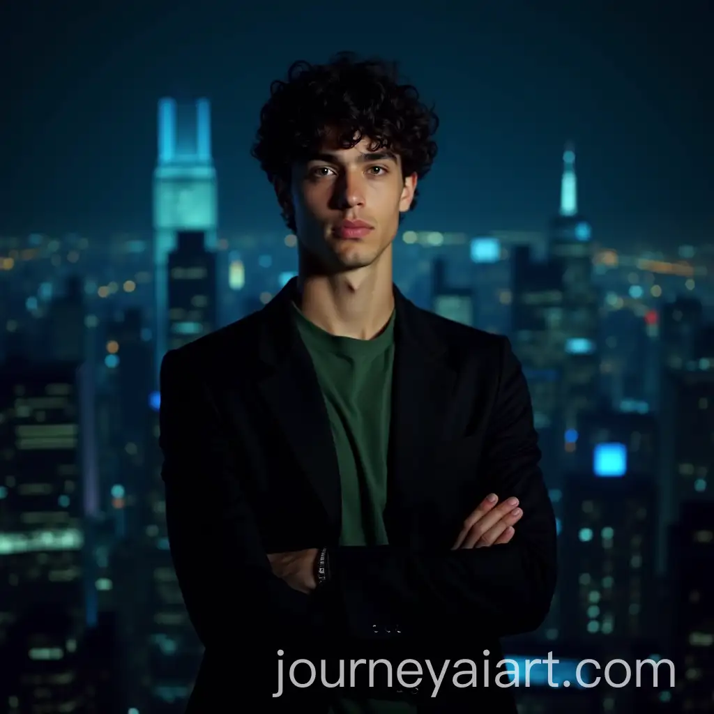 Confident-Young-Man-in-Black-Blazer-and-Green-TShirt-Against-Night-Manhattan-Skyline