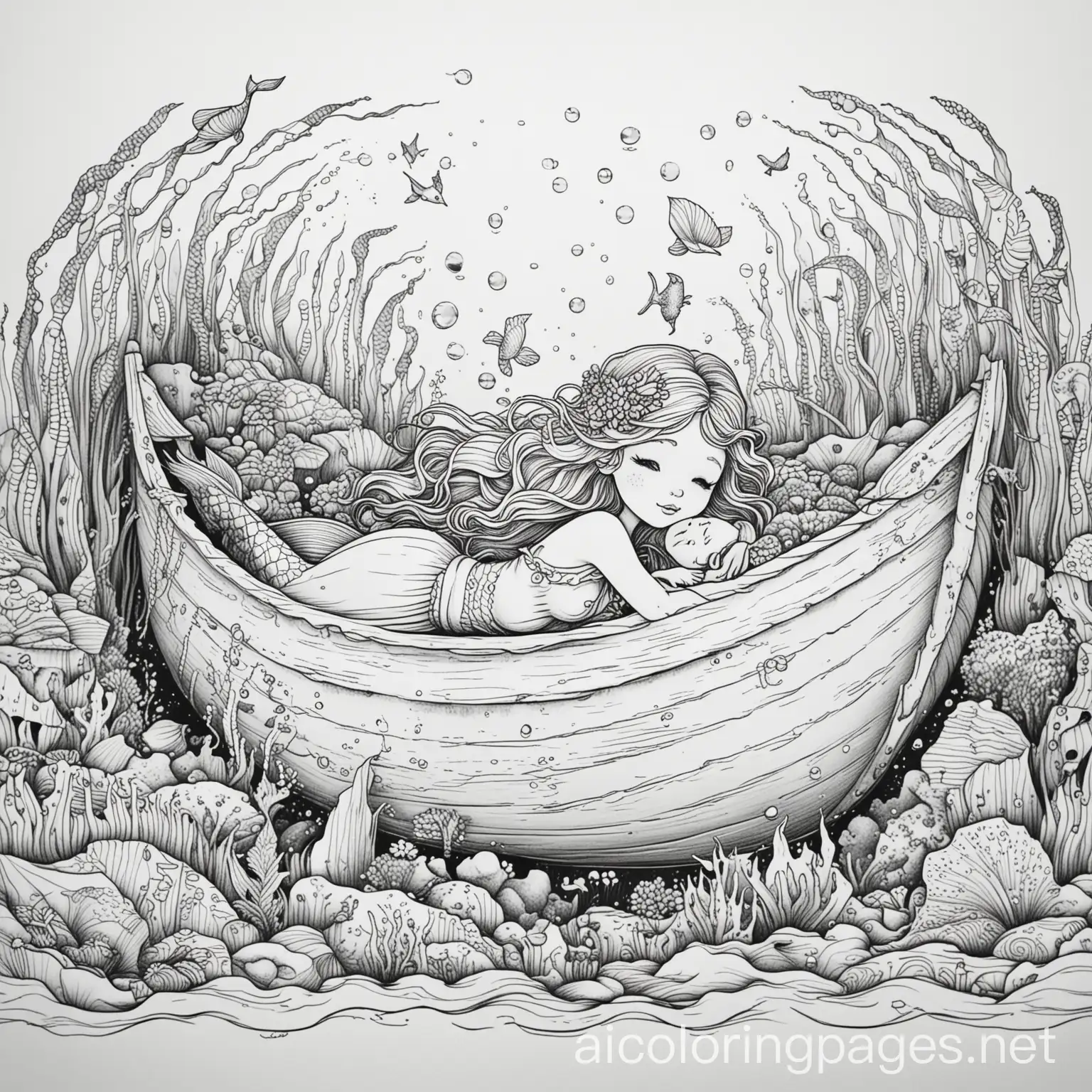 Mermaid-Princess-Sleeping-Inside-Sunken-Boat-Coloring-Page