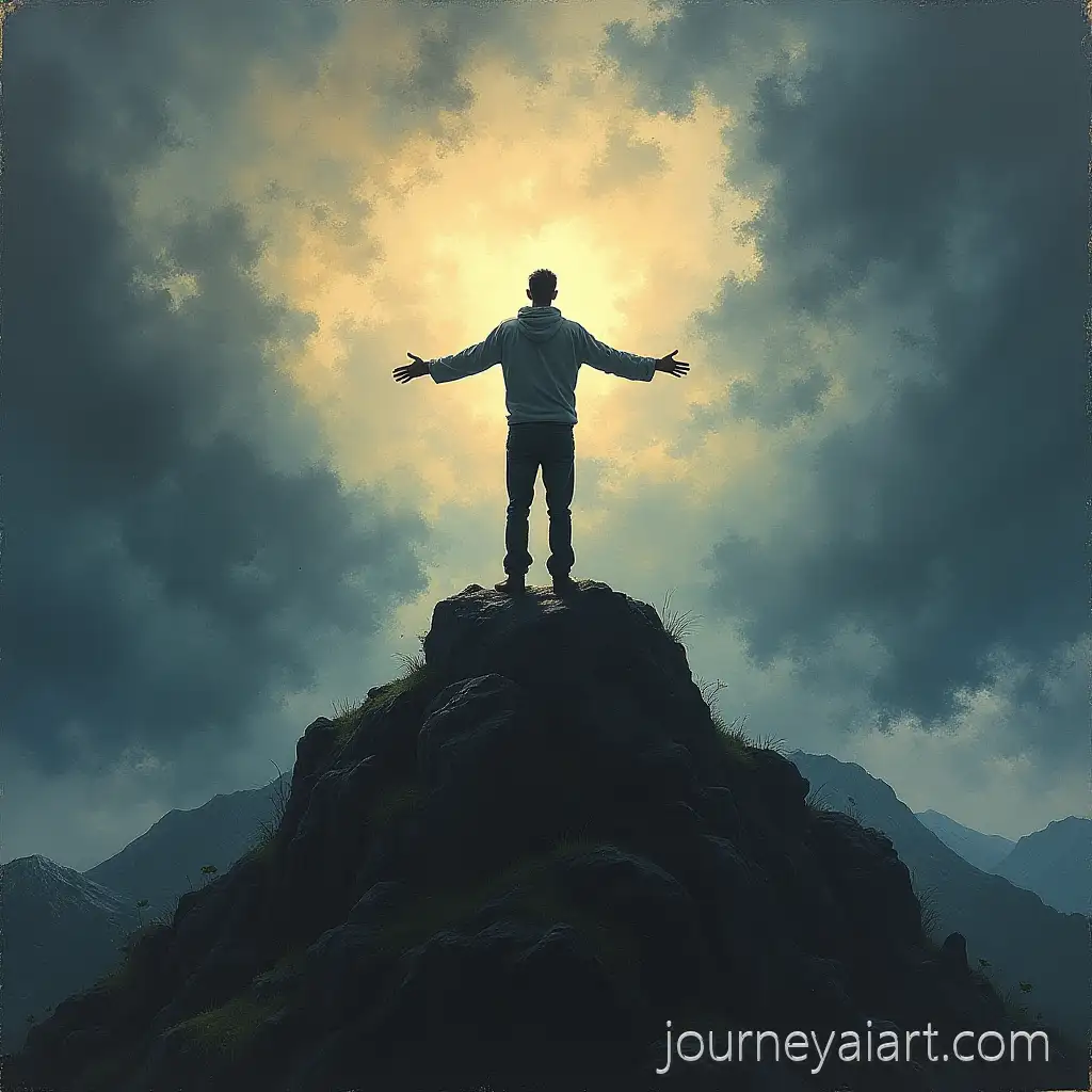 AI-Art-Prompt-ExpansionMan-Standing-on-Mountain-with-Outstretched-Arms-in-Stormy-Sky-Expressionist-Style