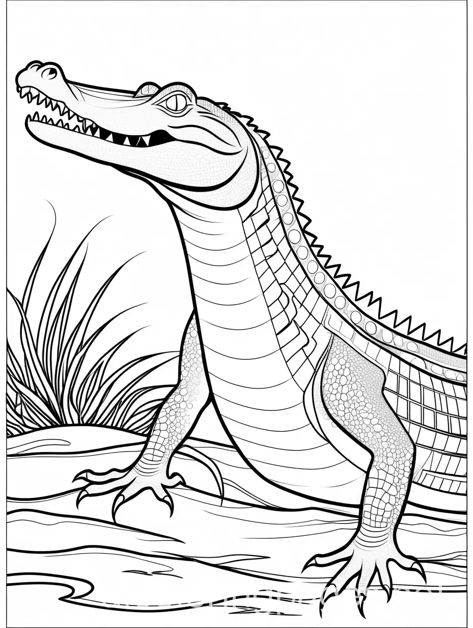 a crocodile, Coloring Page, black and white, line art, white background, Simplicity, Ample White Space. The background of the coloring page is plain white to make it easy for young children to color within the lines. The outlines of all the subjects are easy to distinguish, making it simple for kids to color without too much difficulty