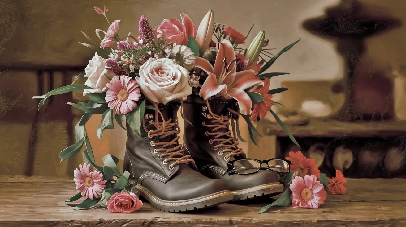 Colorful Flowers in Boots with Glasses Still Life