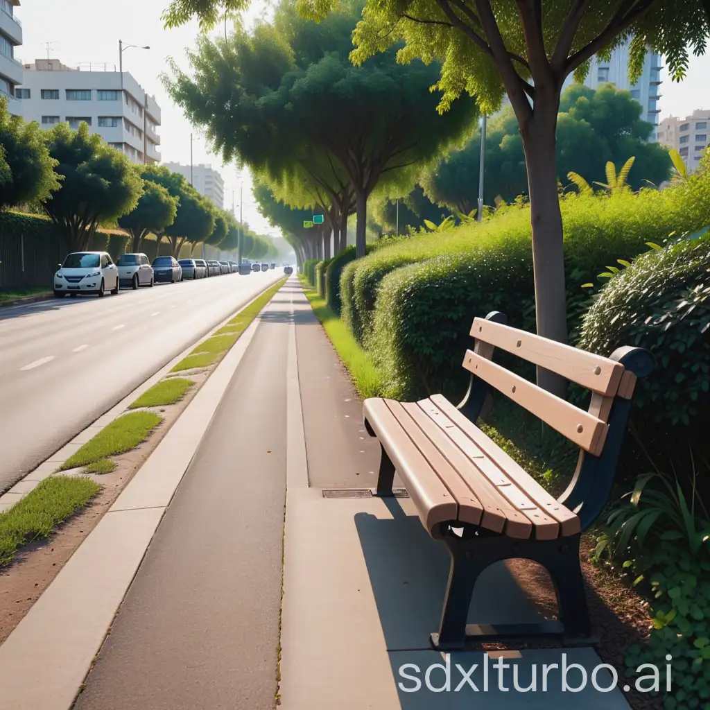 Cinematic-View-of-Bench-on-Path-Amid-Overgrown-Shrubbery-and-Busy-Traffic