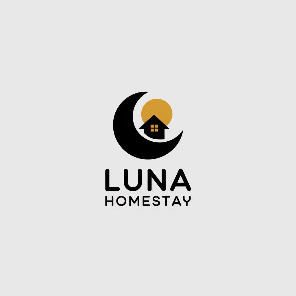 a vector logo design,with the text "Luna Homestay", main symbol:moon + house + warm light,Minimalistic,clear background