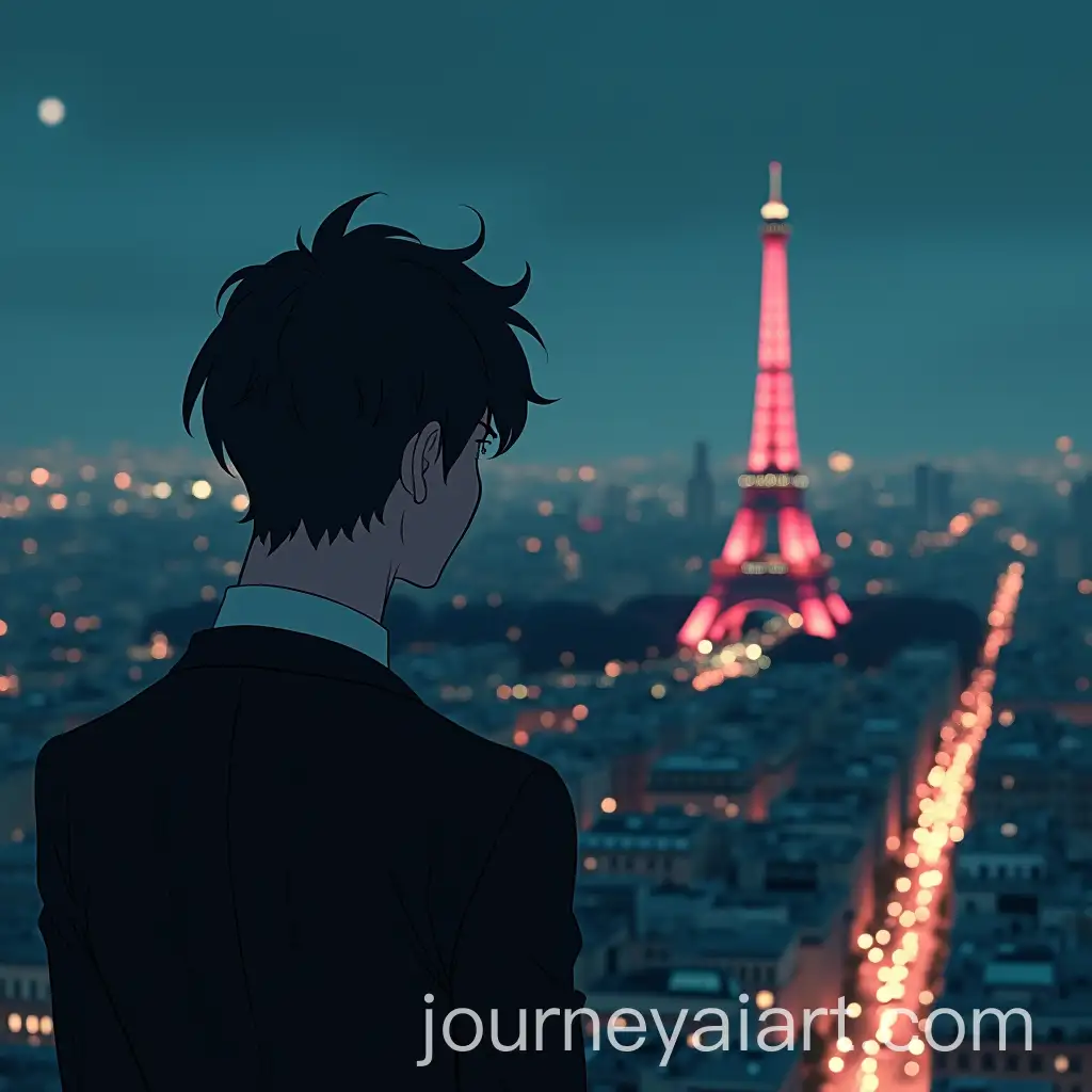 MafiaAI-Art-Prompt-Expansion-Man-on-Rooftop-Overlooking-Paris-at-Night-in-Anime-Style