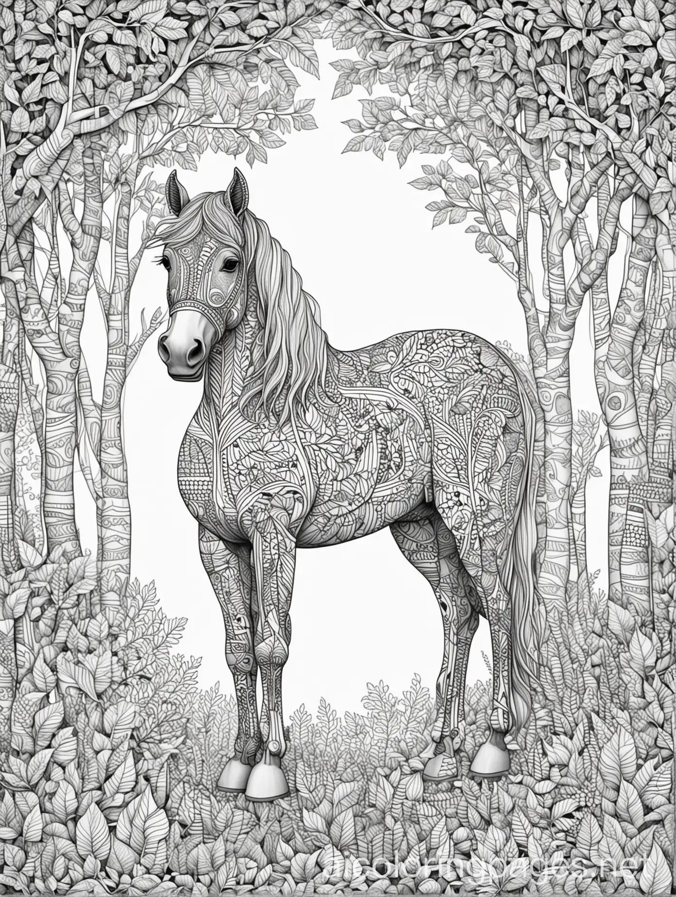 Patterned-Horse-Coloring-Page-with-Trees-and-Leaves