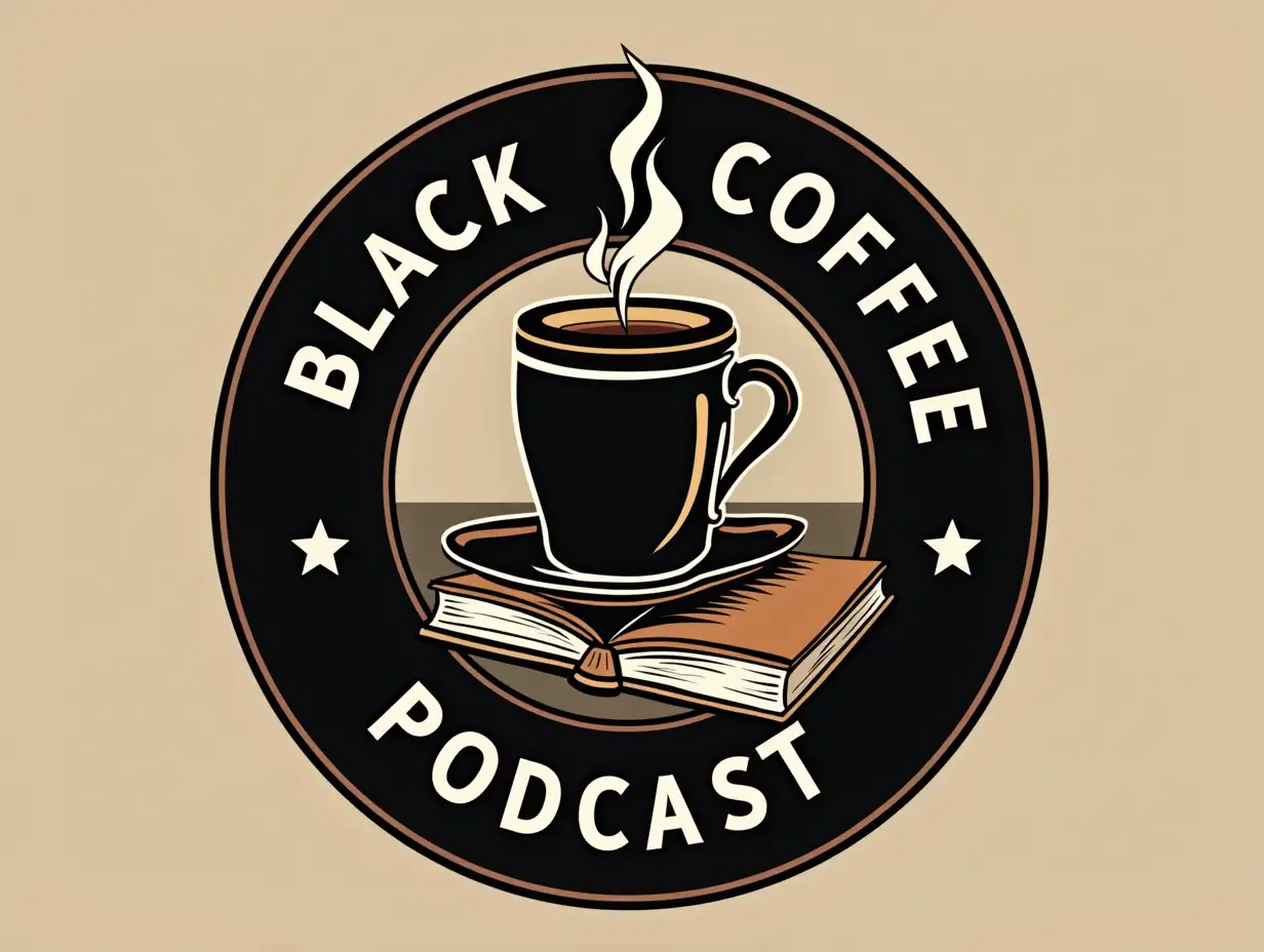 Please create a PNG format logo containing icons of MIC, COFFEE CUP WITH STEAM and BOOK for the attractive and iconic Podcast event logo. Titled BLACK COFFEE PODCAST