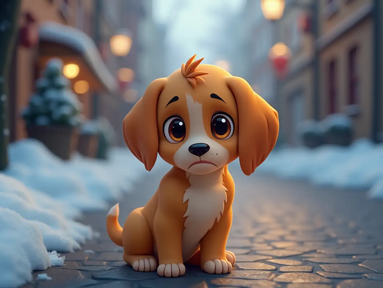 puppy with big sad eyes sits on the street. He is very cold, wants to eat. Disney style