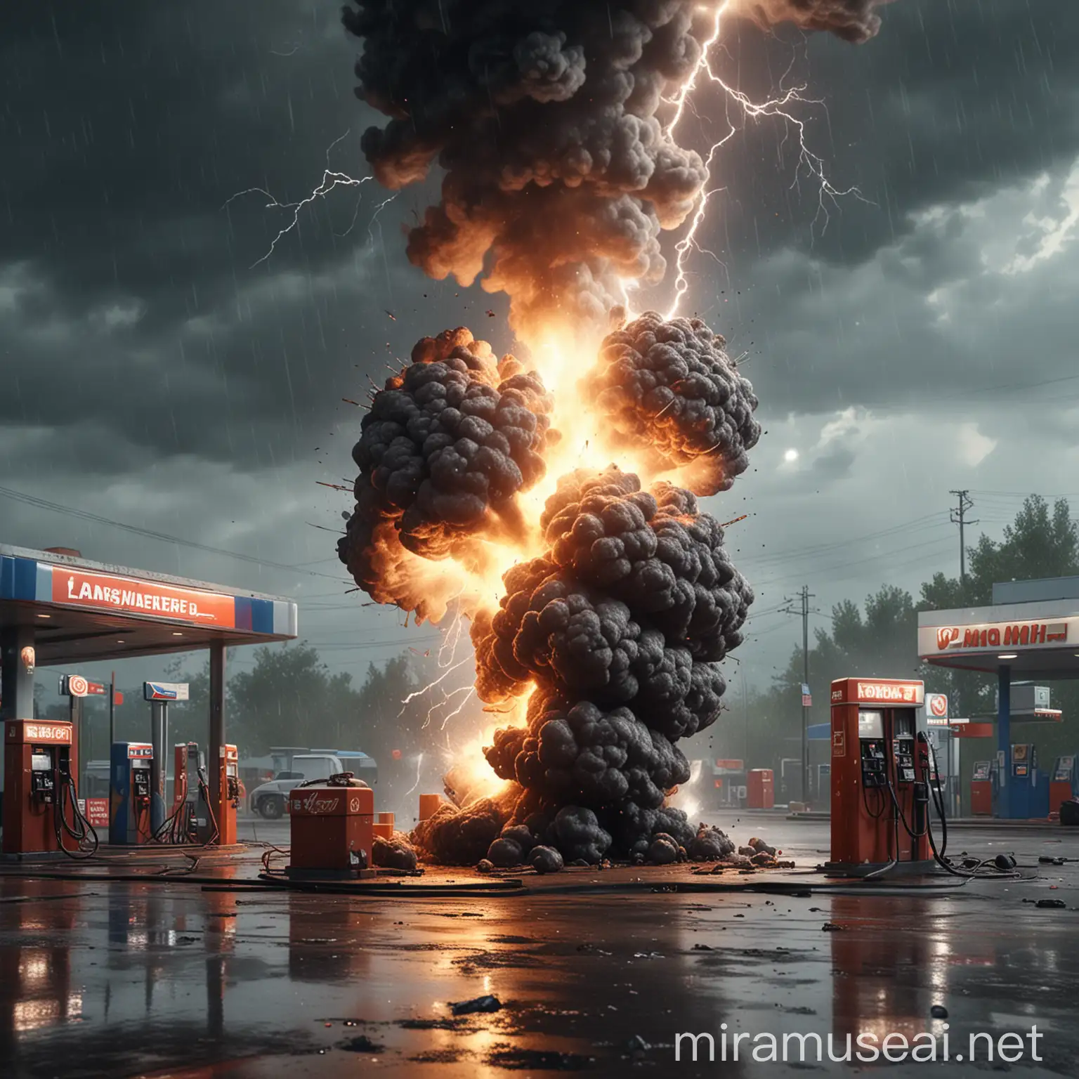 Explosive Gas Station Fire During Rainy Day Realistic 3D Render