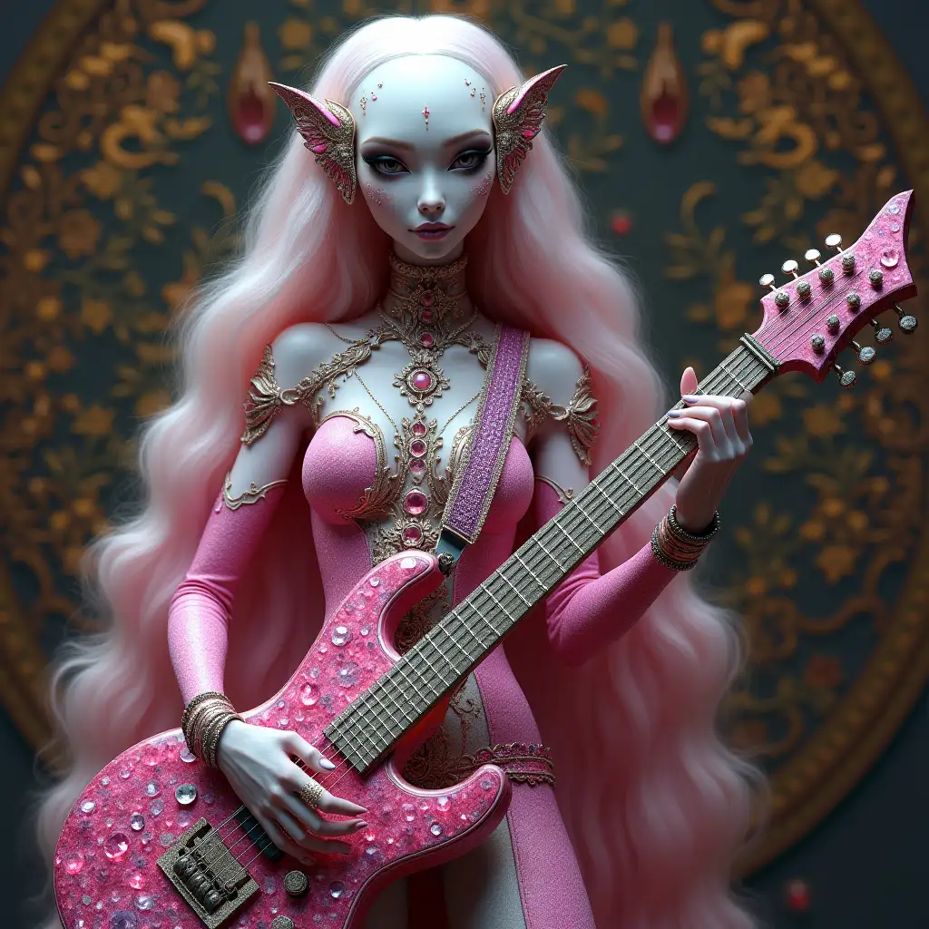 Hyperrealistic full body of a beautiful alien woman with silver pink long wavy hair playing on a ruby e-guitar that has intricately detailed, colorful and futuristic jewelry.with a ornate background