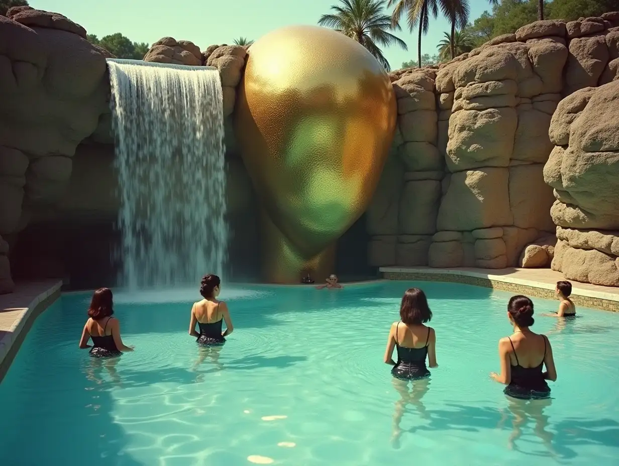 realistic image of several women in black one-piece swimsuits in a huge swimming pool, a waterfall of water comes out of a giant aquatic hybrid head in sparkling gold, on rock walls , surrealist , fantasy , unreal , retro futurism, 60s , super panavision 70