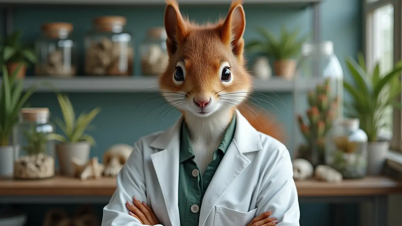 a female red squirrel biologist, wearing a white lab coat, standing in a lab surrounded by experiments, preserved plants and animals in jars, bones on display