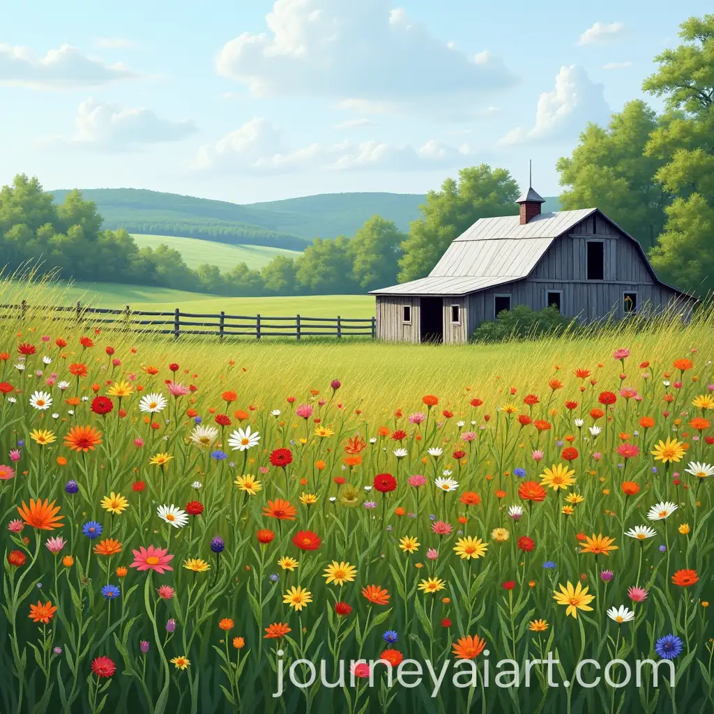 Native-Wild-Flowers-Field-with-Old-Barn-and-Fence-Landscape