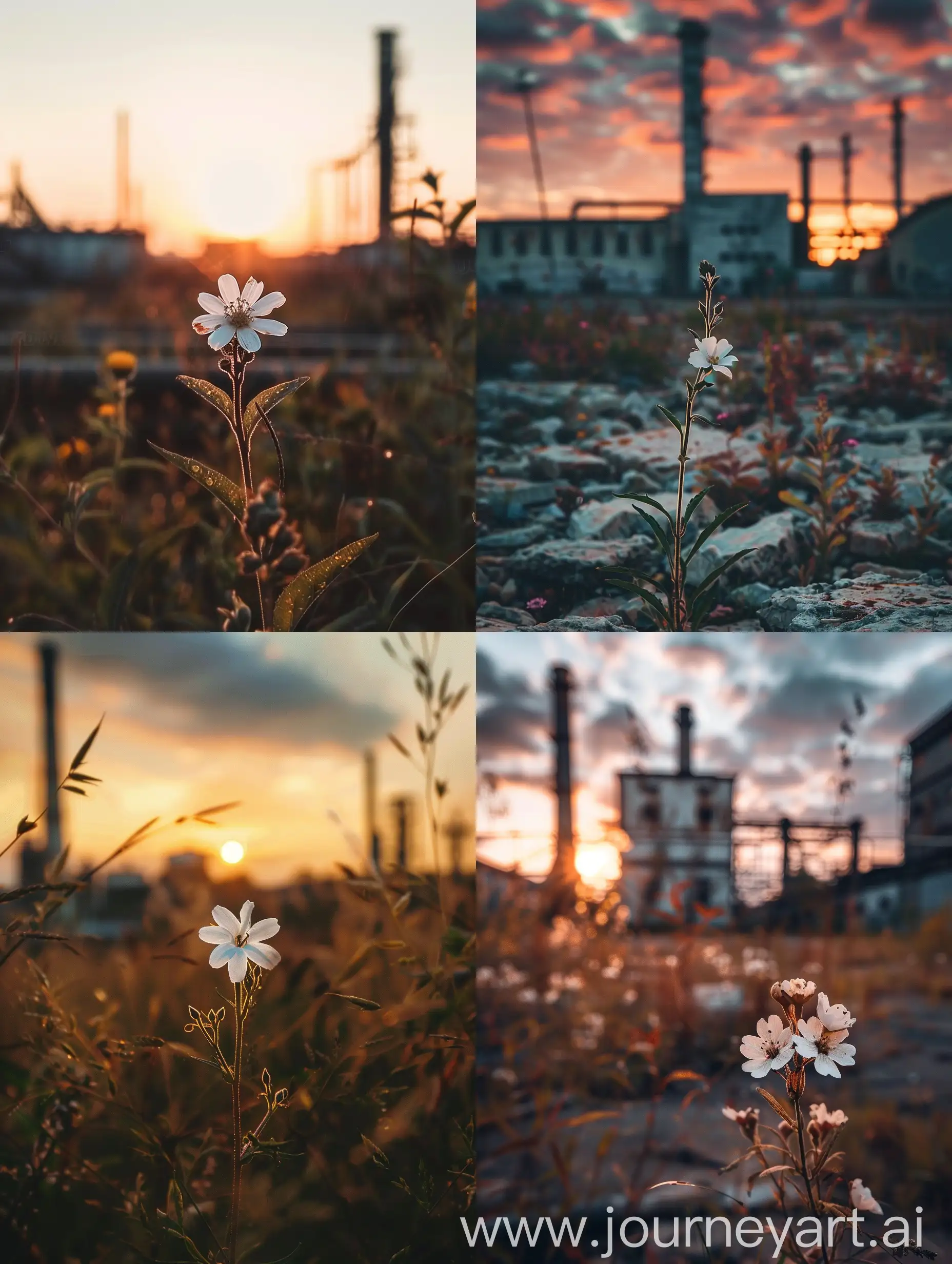 Small-White-Flower-with-Abandoned-Industry-at-Sunset