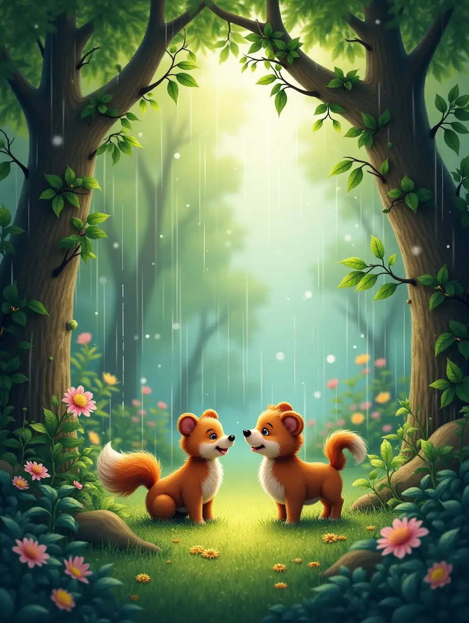 nature adorning greenery let us decorate with various four legged and two legged creatures playing together humans too come here to play and enjoy, my cool wind helps in raining