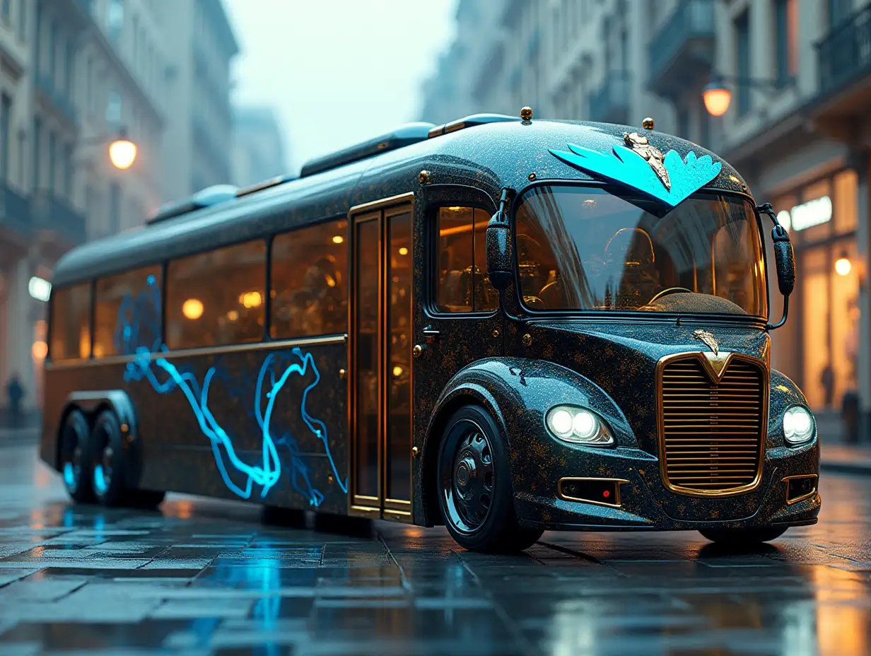 A supermodern utopian sports bus, gold-black-lightning-blue color, with square ornaments, sports version, with Death's head, lowered bodywork, 18-inch wide rims, aluminum wheels, in Cyberpunk style.