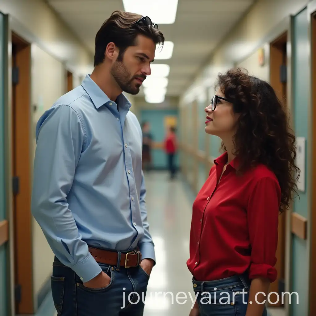Charismatic-Teacher-Interacting-with-Young-Woman-in-School-Hallway