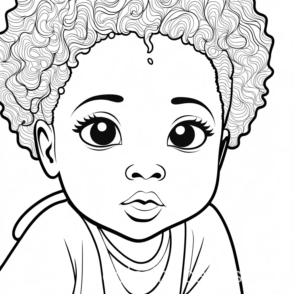 newborn black girl showing fear, Coloring Page, black and white, line art, white background, Simplicity, Ample White Space. The background of the coloring page is plain white to make it easy for young children to color within the lines. The outlines of all the subjects are easy to distinguish, making it simple for kids to color without too much difficulty