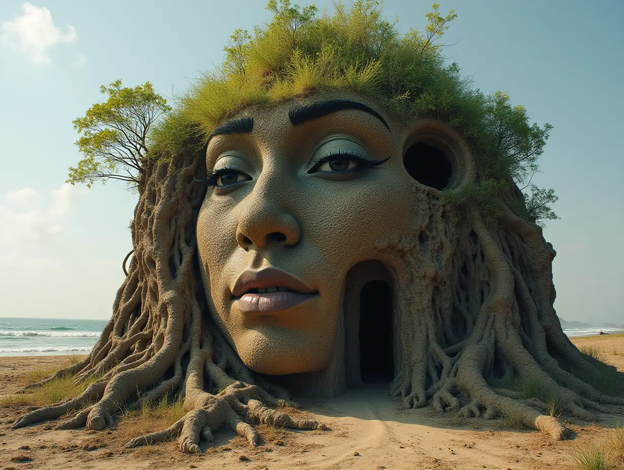 Face transformed into building with roots