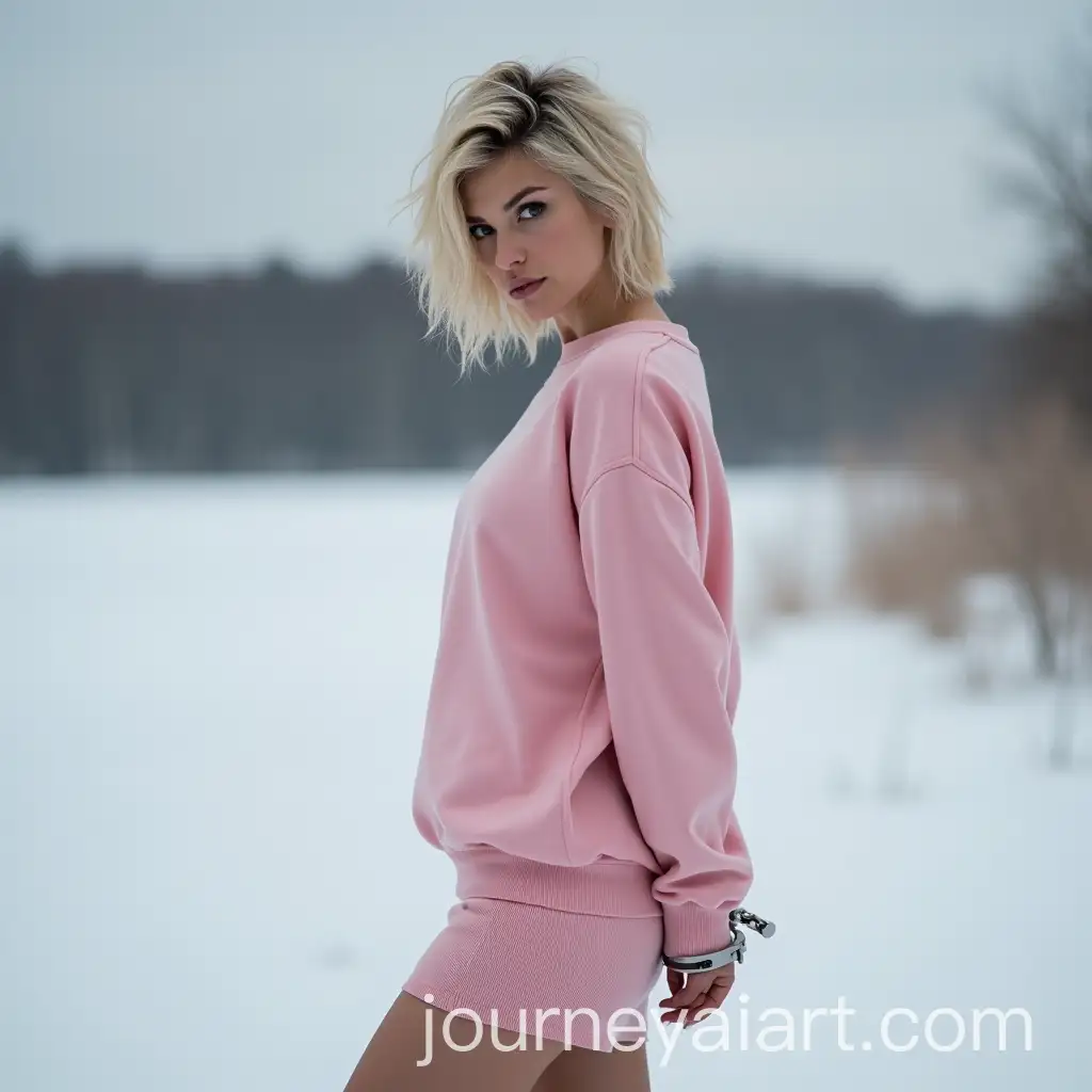 Blonde-Woman-with-Metal-Handcuffs-in-Winter-Landscape