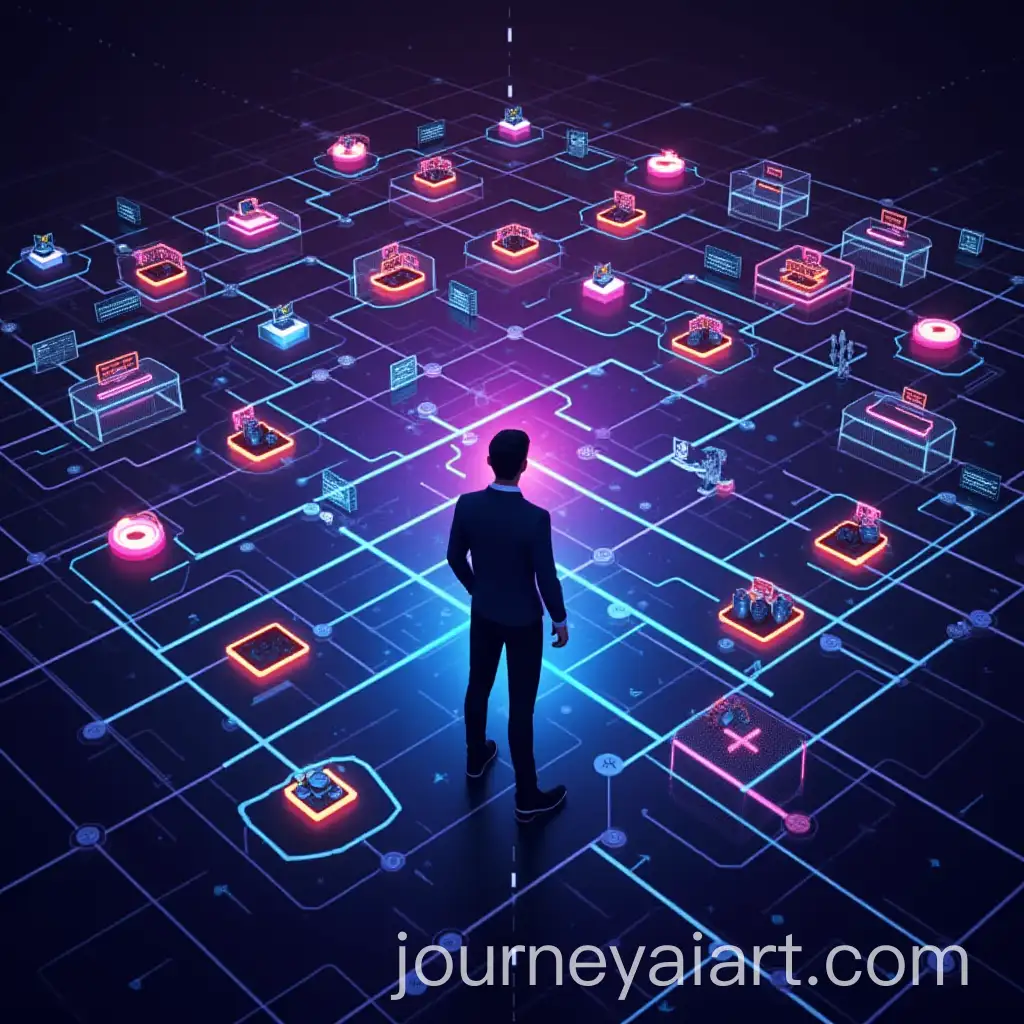 Creator-Navigating-Neon-Grid-of-YouTubeAI-Art-Prompt-Expansion-Thumbnails-and-AI-Prompts-in-Virtual-World