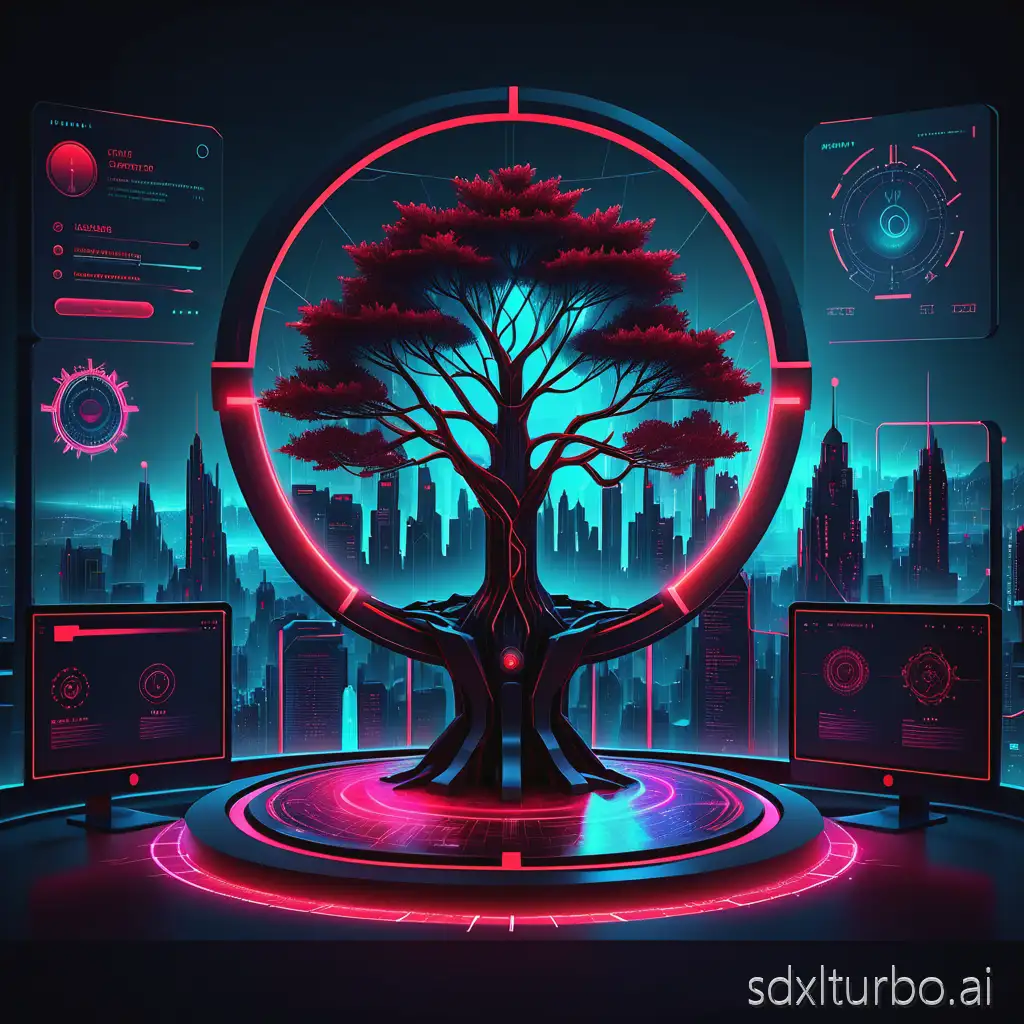 web UI dashboard design, desktop setup, high-tech, futuristic cyberpunk style, neon lighting, glowing elements, central circular UI with a fantasy tree, red color scheme, detailed cityscape silhouette at the bottom, glowing lines, data analysis interface, 8k, photorealistic