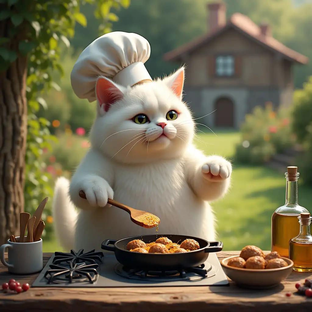 a very large funny creature anthropomorphic white cat, still wearing its chef’s hat, is standing upright at a gas stove beside the rustic wooden table. It is using a wooden spatula in its right paw to turn golden-brown meatballs sizzling in a black cast-iron skillet. Its left paw steadies the handle of the pan. The scene captures the realism of tiny oil splatters and rich steam wafting from the skillet. Surrounding the table are a small bowl of fried meatballs, a jar of seasoning, and a bottle of olive oil. The warm sunlight filtering through the outdoor kitchen makes the vibrant green garden and cozy cottages in the background even more enchanting.