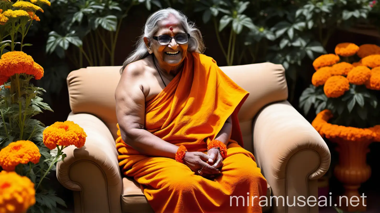 Elderly Hindu Monk and Bodybuilder in Luxurious Marigold Garden