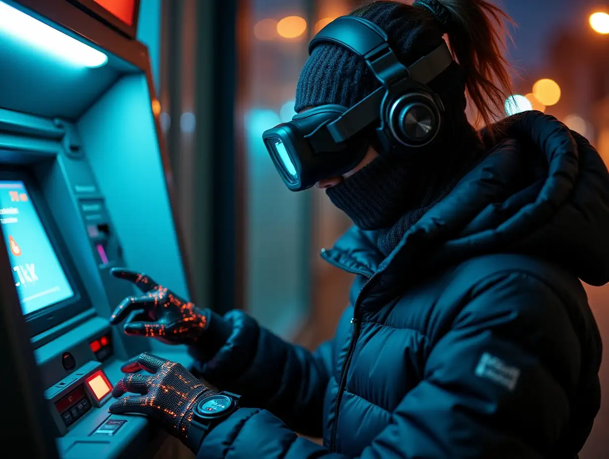 a young stealth female hacker on a street at night, programming atm machine, hands covered, wearing puffer jacket, cybernetic headband, vr goggles, headphones, smartwatch over full electronic gloves, overflowing with wearable cyberpunk hardware, many wires connected from atm to gloves