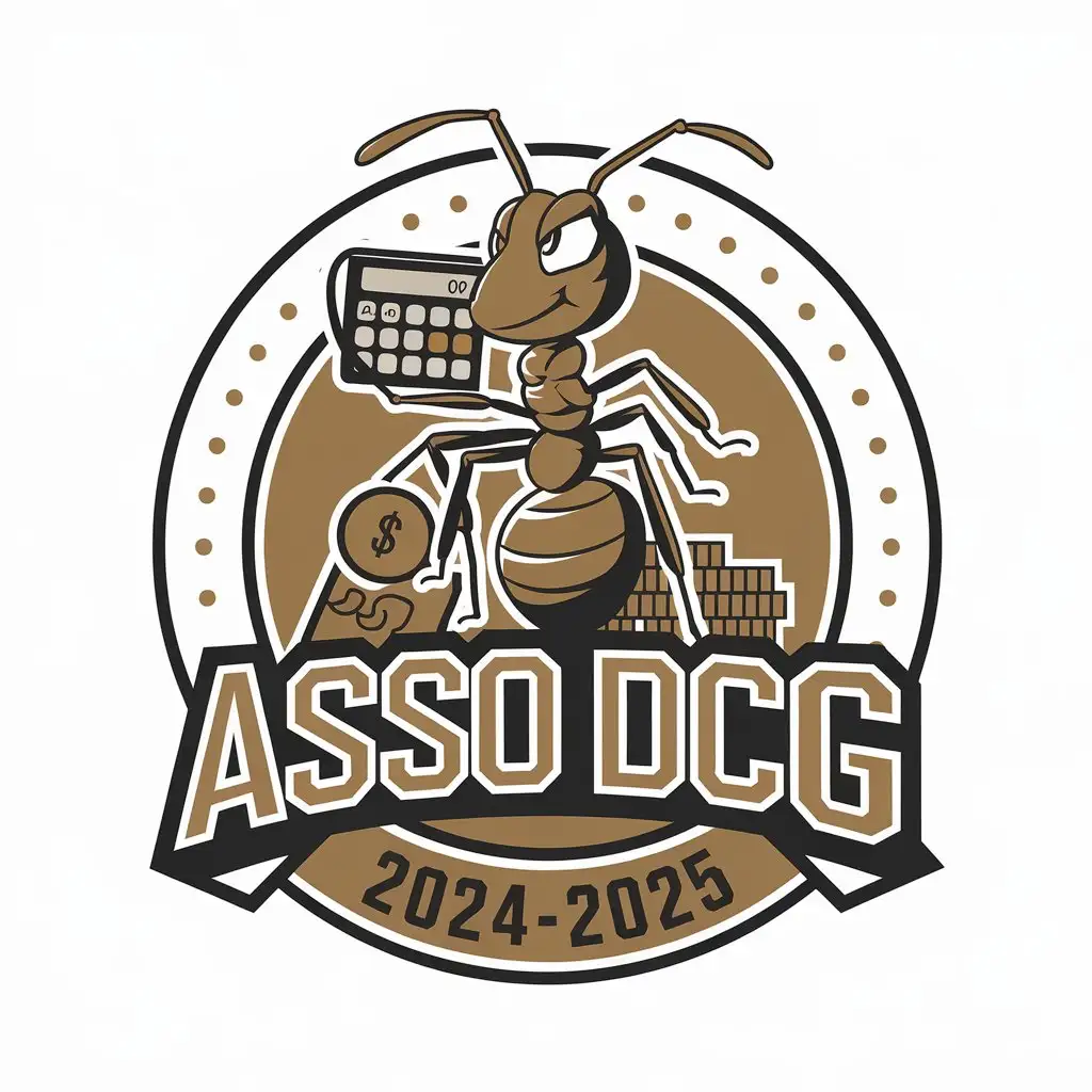 a vector logo design,with the text "Asso dcg 2024-2025", main symbol:Ants with a calculator and money,Moderate,be used in Finance industry,clear background