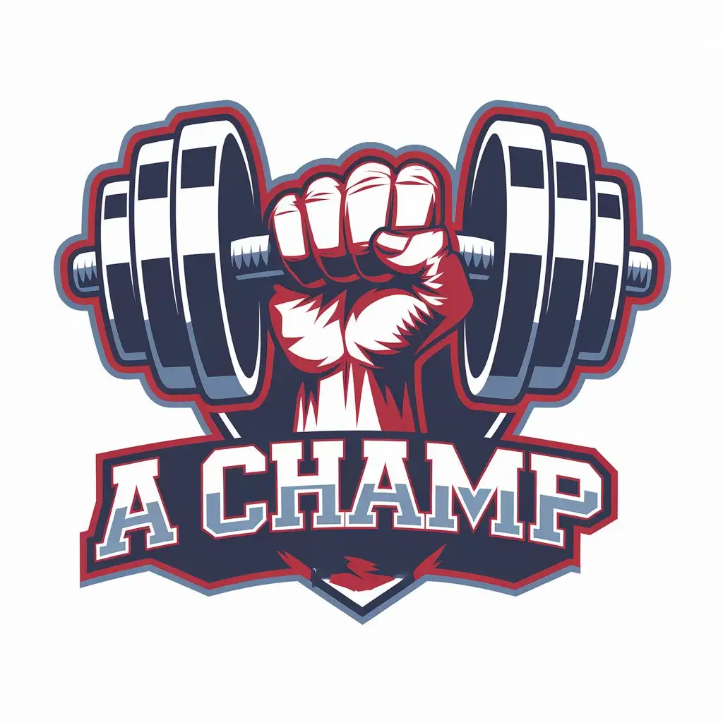 LOGO Design for A CHaMP Realistic Fist Holding Dumbbell with Red Blue Colors for Sports Fitness