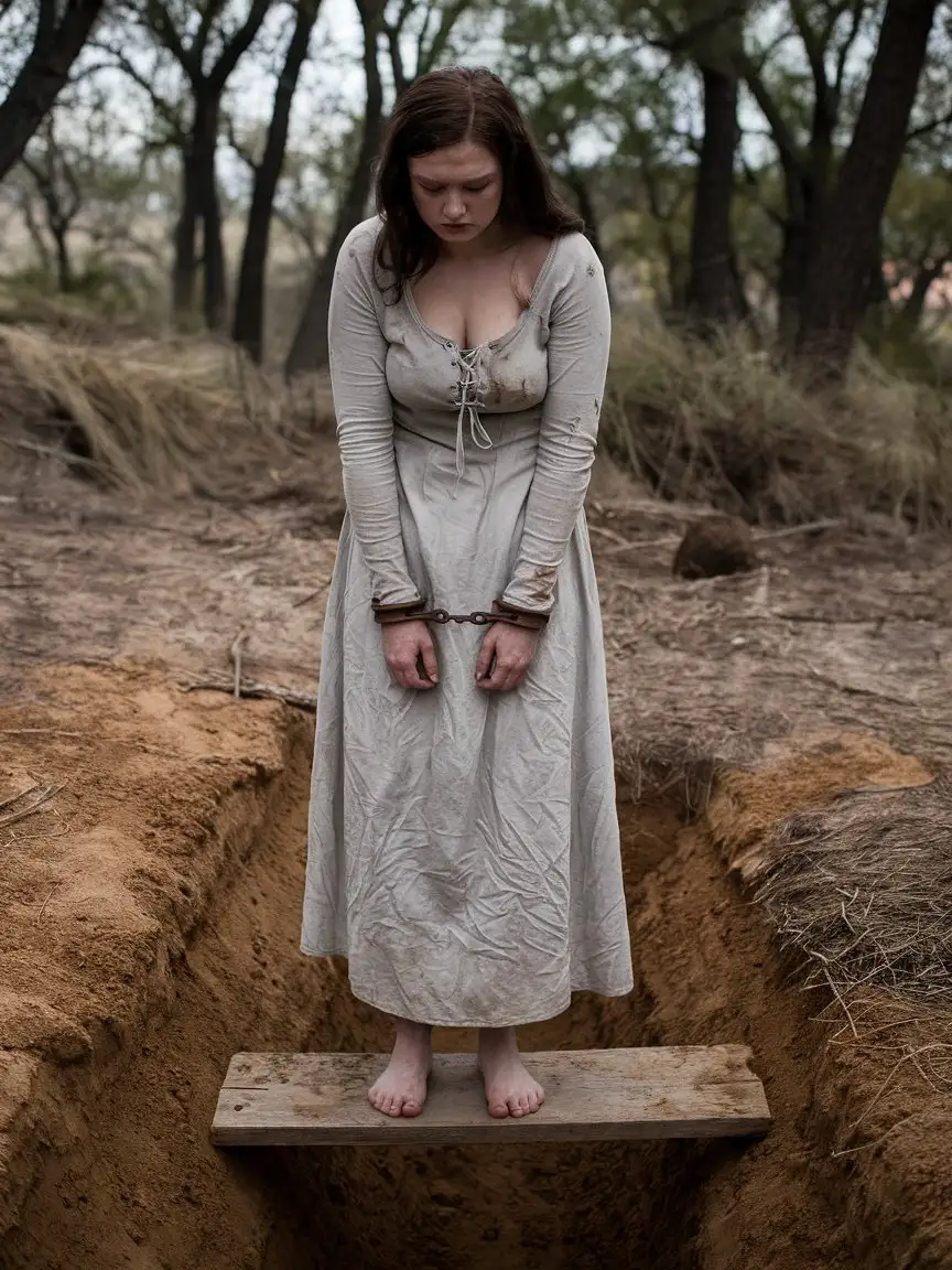 Sad Young Woman in Shackles on Grave in 1700s Texas Forest