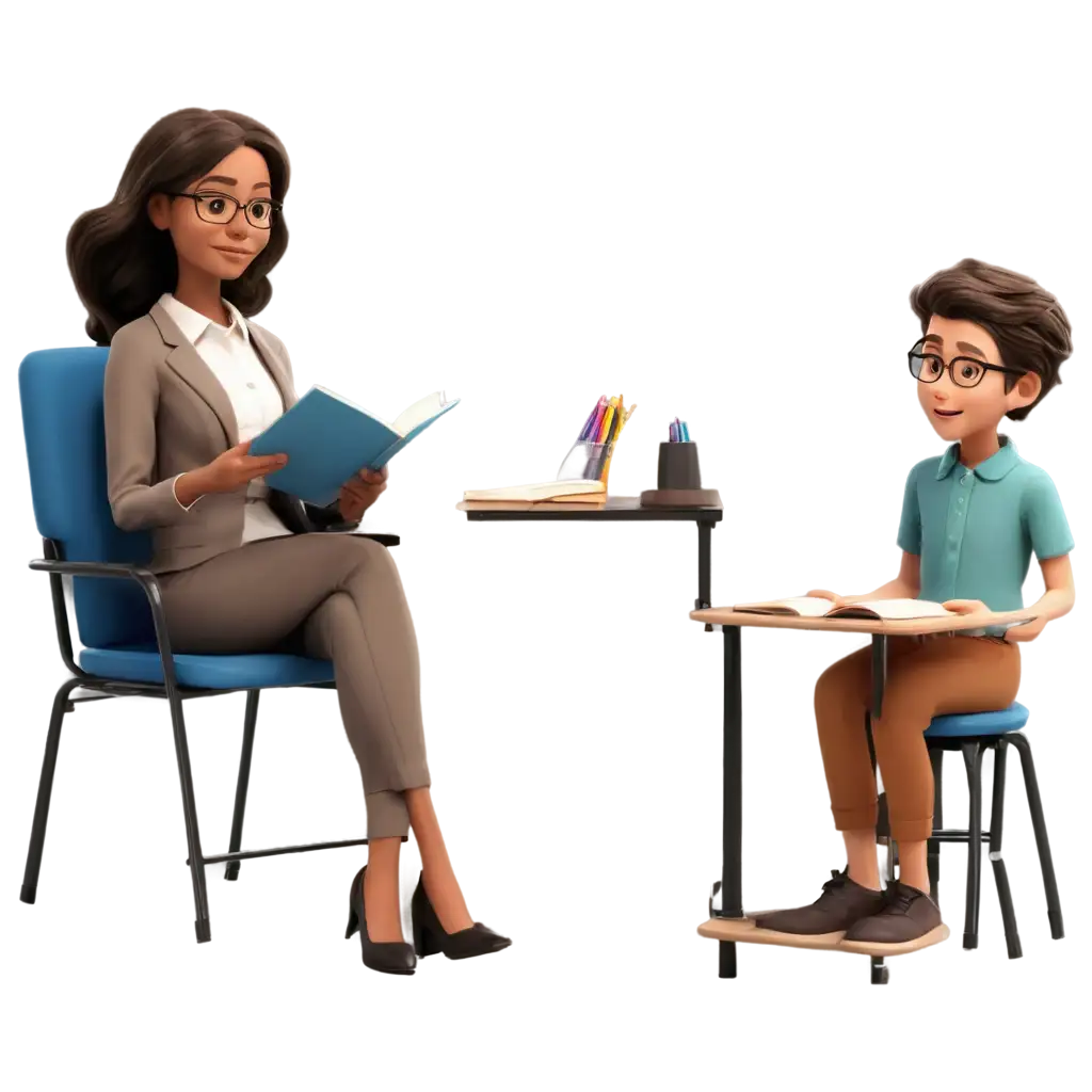 Animated-Teacher-Holding-a-Book-with-Listening-Students-in-Chairs-Enhance-Learning-PNG-Image