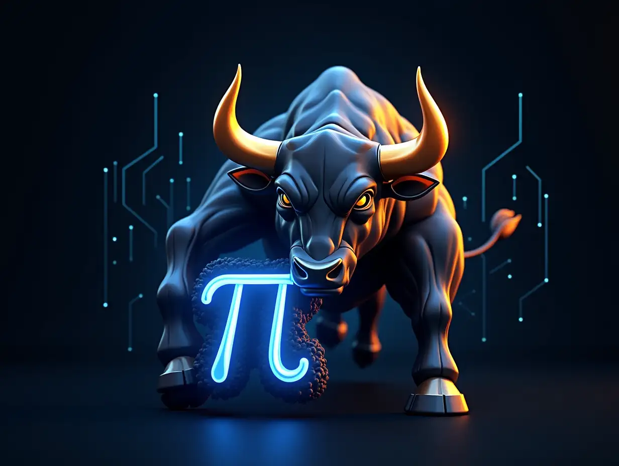 Design a bold, modern logo featuring a powerful bull aggressively pushing the Greek letter π (Pi) forward, symbolizing momentum and strength in cryptocurrency. The bull has sharp, angular horns and a muscular, stylized silhouette with metallic gold or bronze accents. The π symbol is glowing with a futuristic blue or neon gradient, cracked slightly by the bull's force. Add motion lines around the bull and π to emphasize movement. The background includes abstract blockchain patterns or digital circuit lines in dark navy or black. Use ultra-realistic 3D rendering, cinematic lighting, and a sleek tech-inspired aesthetic. Colors: metallic gold, neon blue, black, and silver.