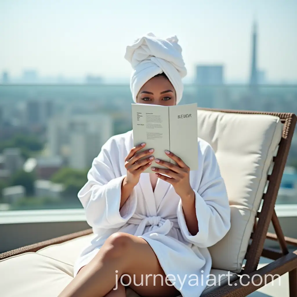 Person-Relaxing-on-Rooftop-Reading-Brochure-in-White-Robe