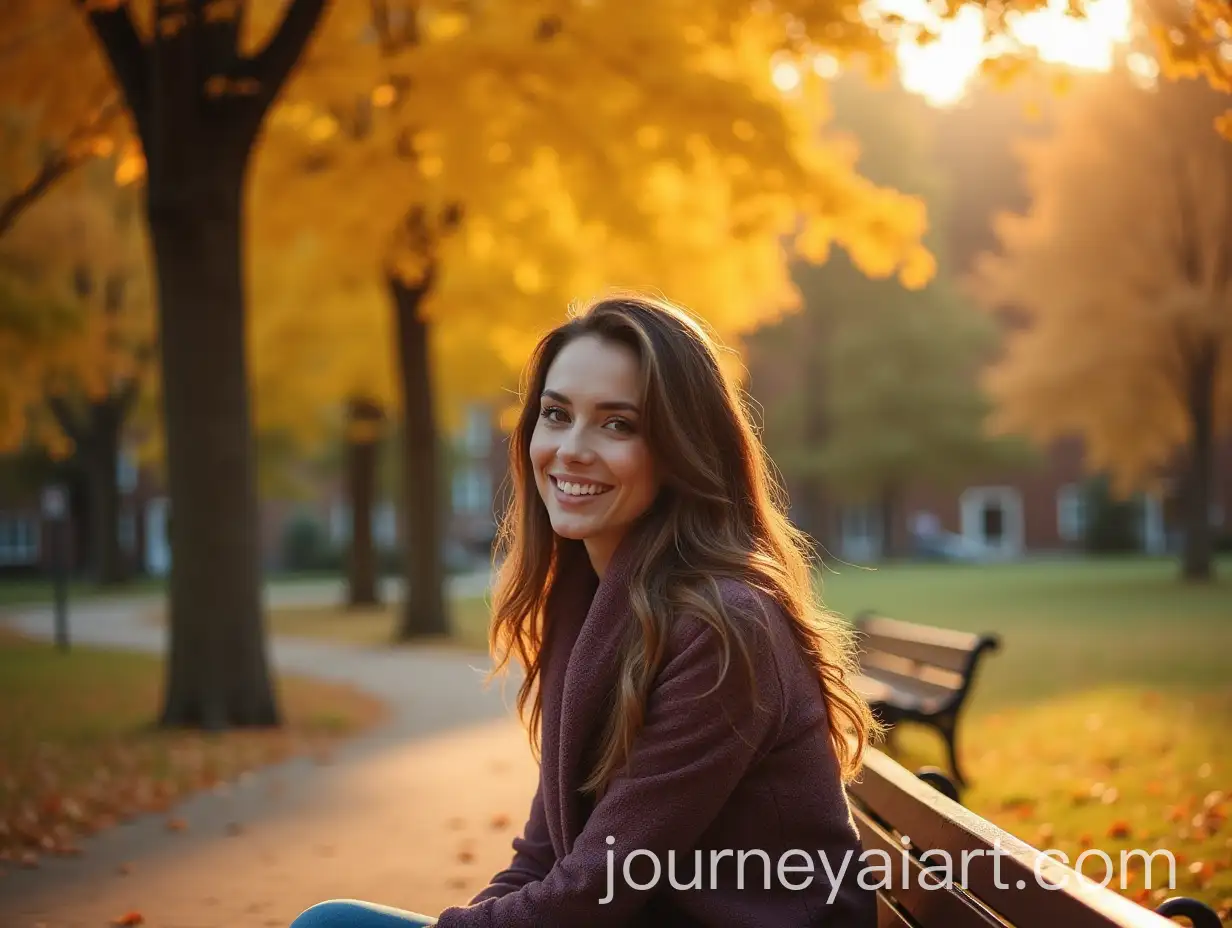 Brunette-Woman-Relaxing-on-Park-Bench-in-Sunny-Autumn-Afternoon