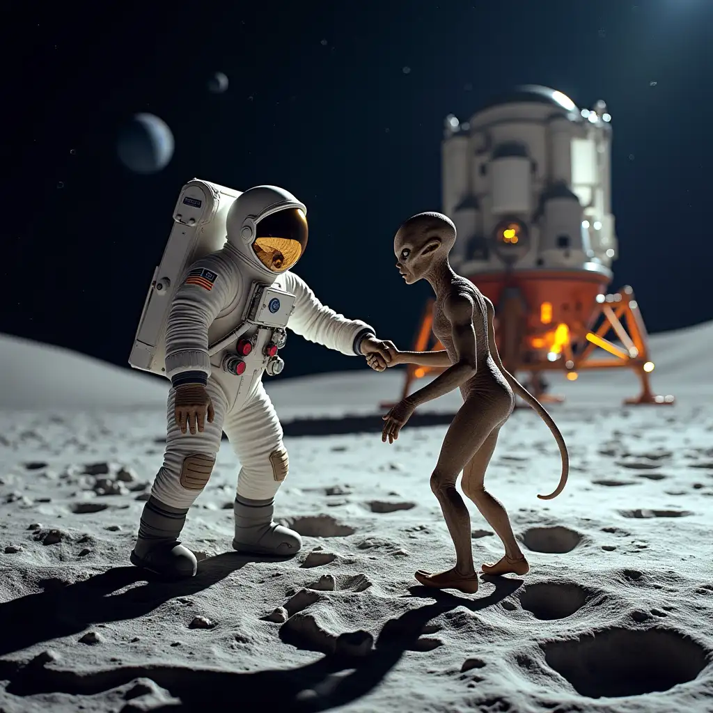 an astronaut on the moon exits the rocket and greets a alien with a handshake