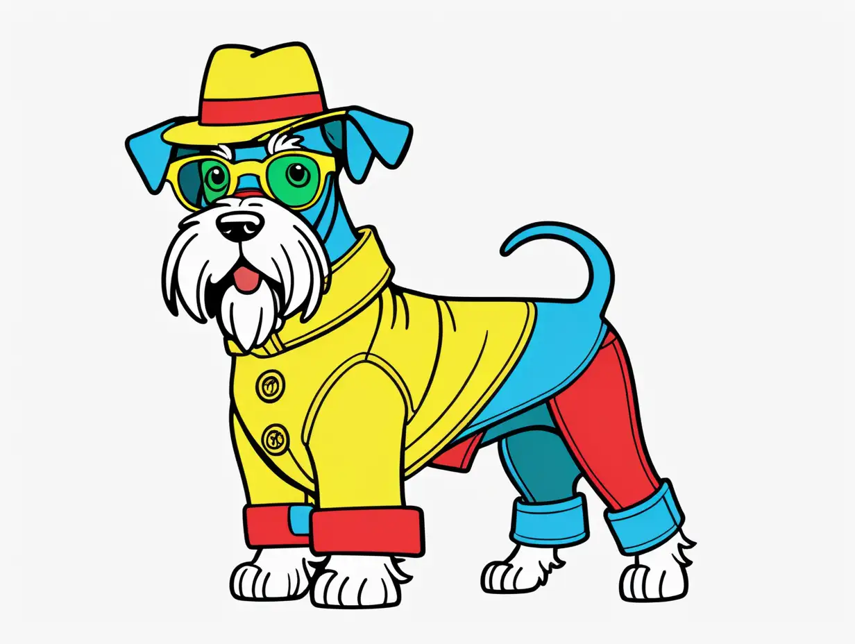 Colorful Cartoon Schnauzer Dog in Yellow Hat and Green Glasses