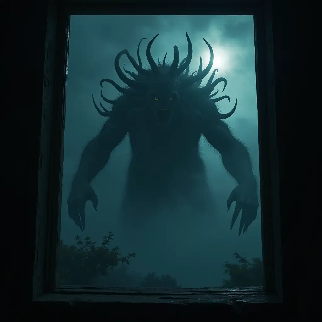 H. P. Lovecraft's Ktulhu reaches our world from the Earth's Dreamland through the window at night, photorealistic, perfect composition, beautiful detailed, insane detailed octane render, 8k art photography, soft natural volumetric cinematic perfect light, chiaroscuro, masterpiece, hyperrealistic, soft focus, depth of field, HDR, professional lighting, taken with Canon EOS R5, 75mm lens, shot on v-raptor XL, color graded, cinematic lighting, 35mm film, live-action, best quality, atmospheric, epic, stunning, dramatic Professional photography, bokeh, natural lighting, canon lens, shot on dslr 64 megapixels sharp focus, Fujifilm XT3