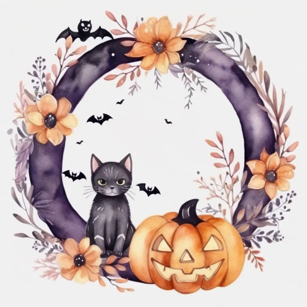 Adorable Halloween Wreath in Watercolor Style