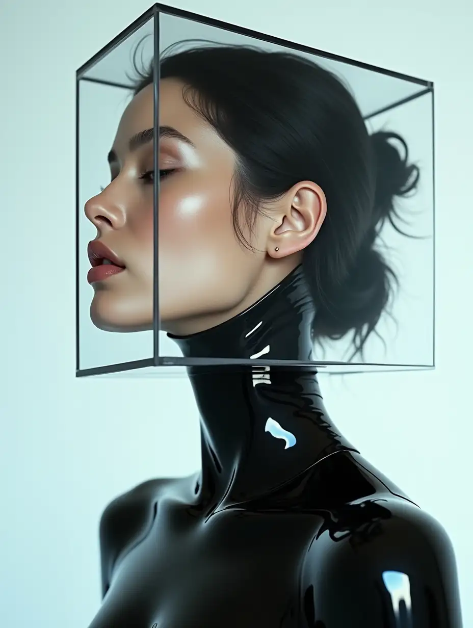 A futuristic fashion portrait of a woman with a sleek, cybernetic aesthetic. Her head is partially enclosed in a transparent glass-like cube, reflecting light subtly. Her skin appears flawless and slightly dewy, with a hyper-realistic quality. Her neck seamlessly transitions into a high-gloss, black synthetic material, resembling liquid metal or a robotic exoskeleton. Her dark hair is styled in a slightly tousled manner, with delicate strands escaping. The background is minimalistic and softly lit, emphasizing the surreal fusion of human and futuristic materials. The composition is clean, high-fashion, and avant-garde, with a focus on fine details, photorealism, and soft, diffused lighting.