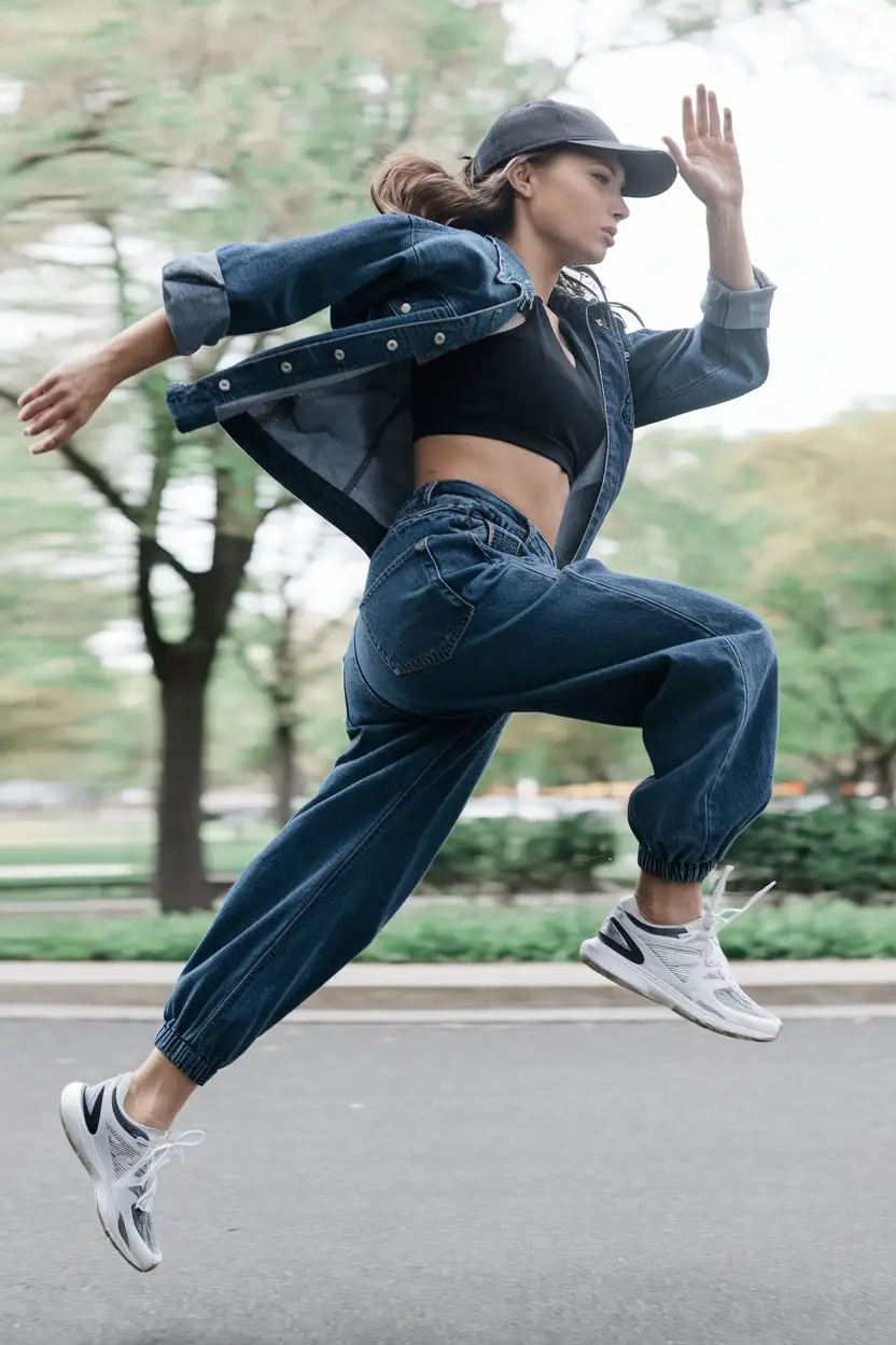 An energetic action shot of a person (female, mid-2s) jumping or moving dynamically in a park. They are wearing dark wash baggy denim shorts, a black sporty crop top, and white and neon athletic sneakers. They might also be wearing a baseball cap. The background should be a blurred park setting with greenery. The lighting should be bright and natural, capturing the movement and energy of the subject and the athleisure vibe. Focus on the comfortable yet stylish combination of the baggy shorts and athletic wear.