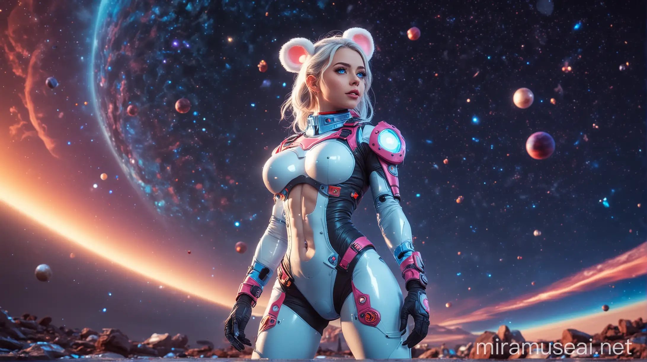 Fitness Model in Gadget Hackwrench Cosplay Under a Colorful Night Sky