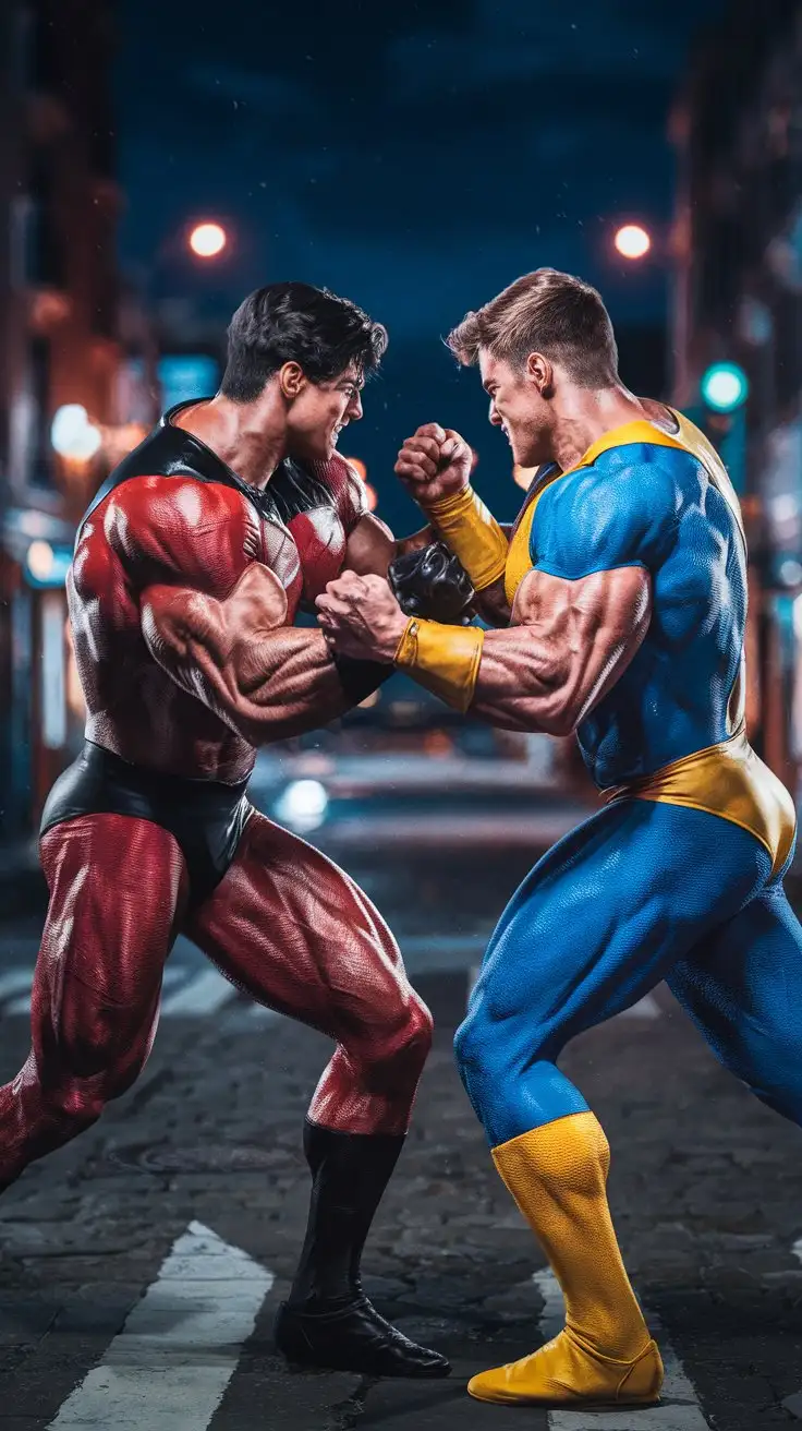 Young-Bodybuilder-Superheroes-Fighting-on-City-Street-at-Night-with-Superpowers