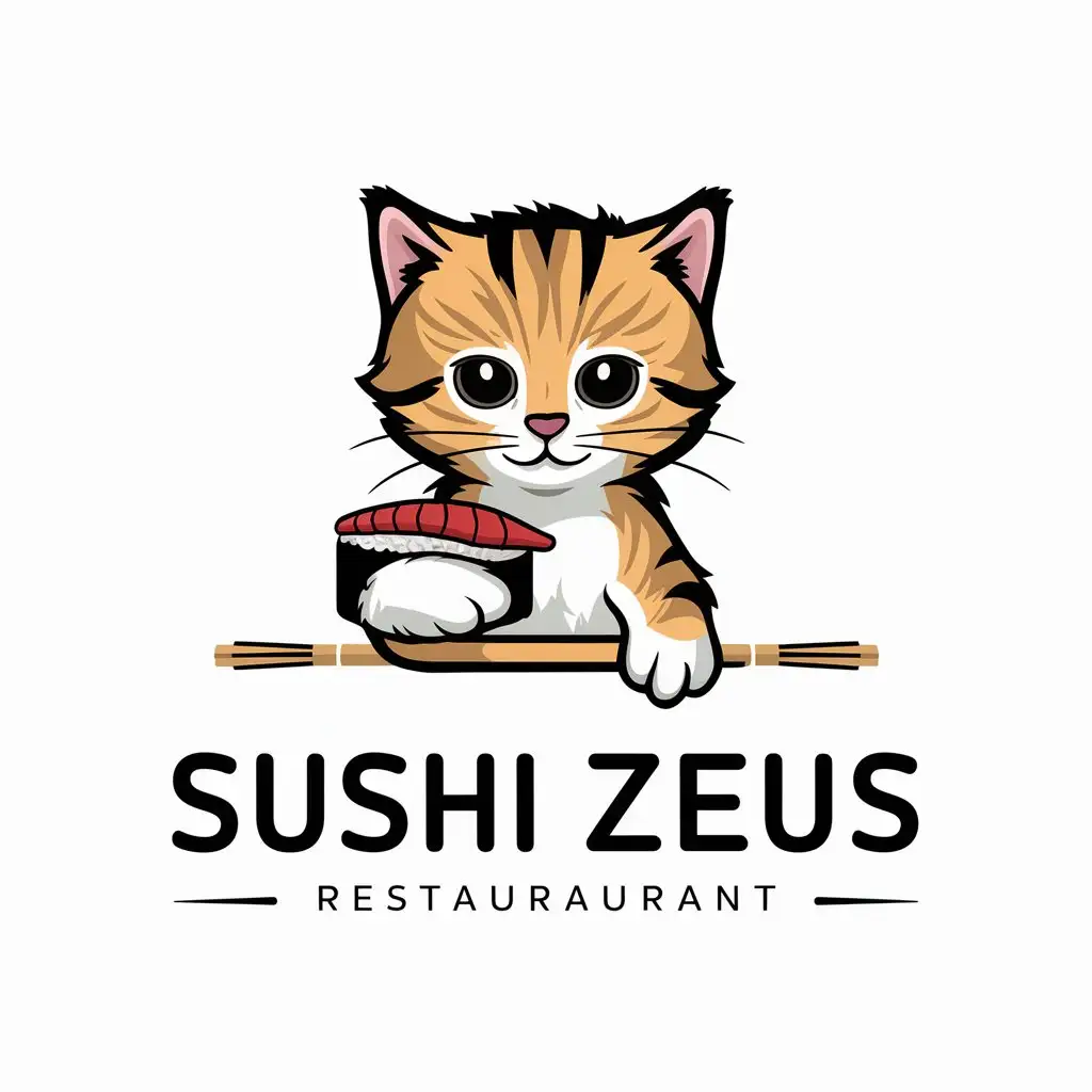 a vector logo design,with the text "Sushi Zeus", main symbol:The kitten holds sushi in its paw,Moderate,be used in Restaurant industry,clear background