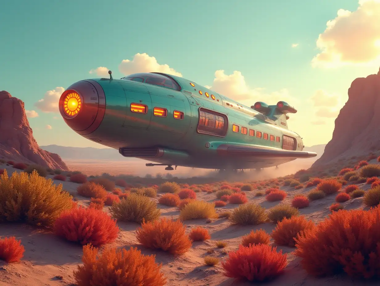 A larger Retro spaceship with glowing headlights, windows) has landed in the desert view from above with colorful plants and slightly cloudy sky, 4K resolution colorful